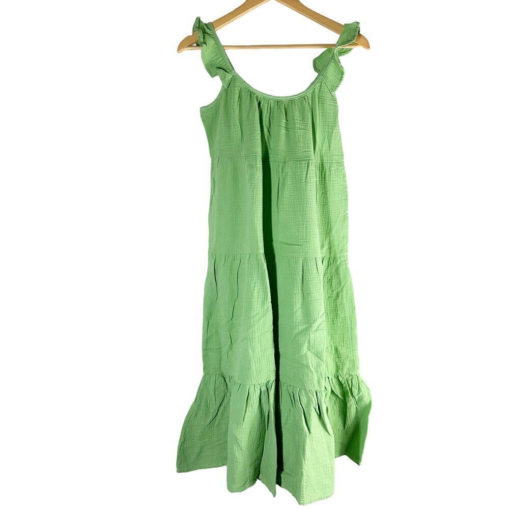 Marine Layer Jude Flutter Sleeve Dress Jade Sheen Cotton Gauze Tiered Medium